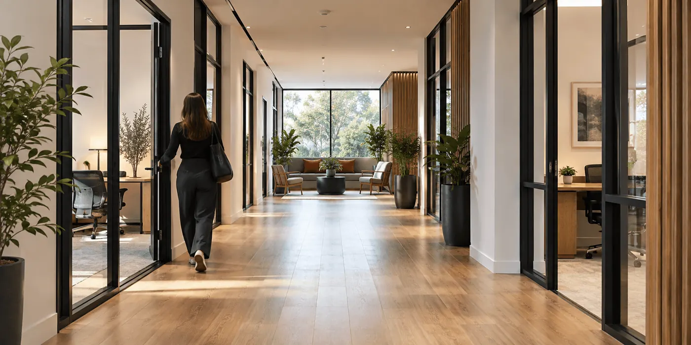 A wide corridor lined with glazed rooms and plants