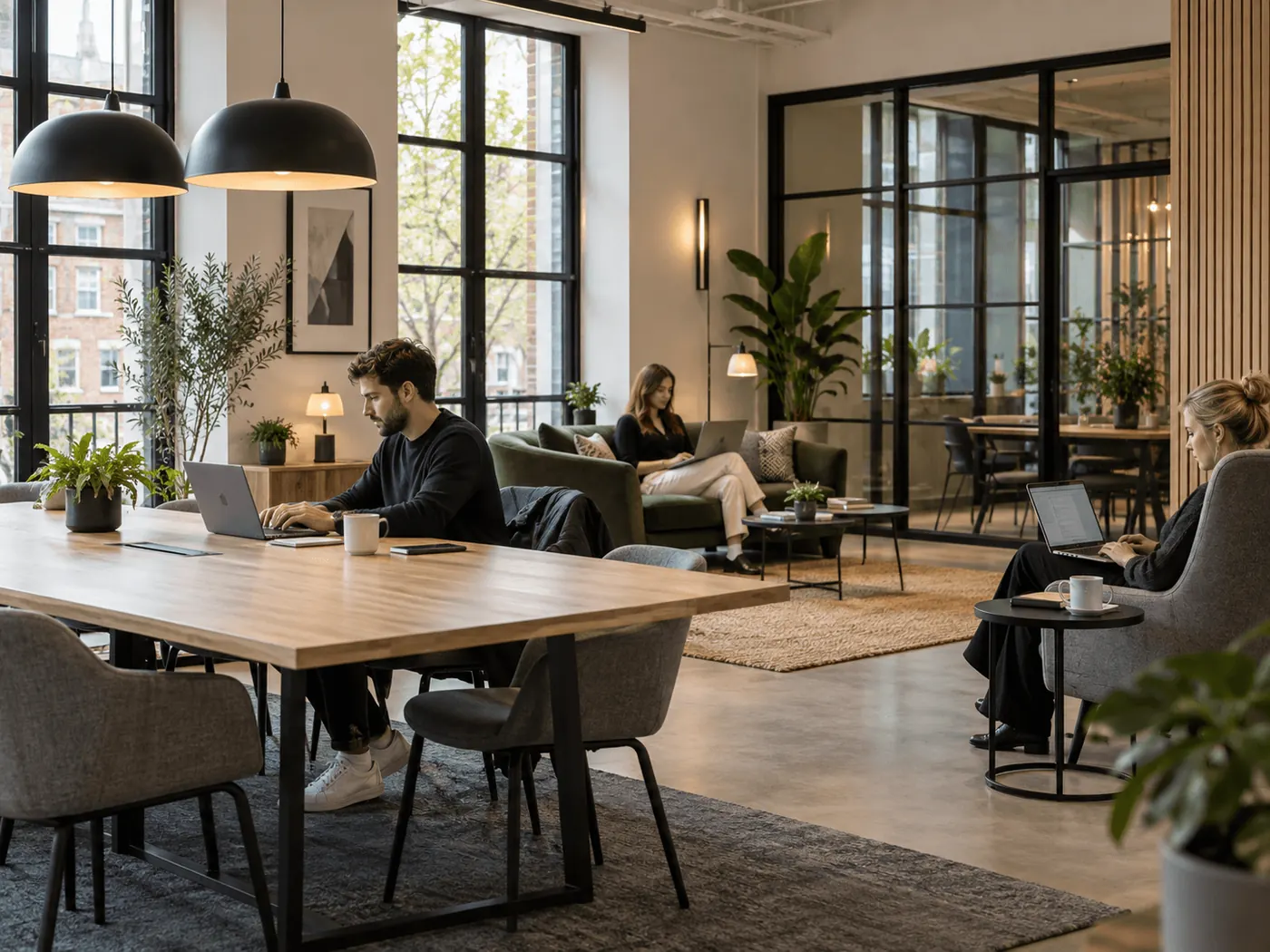 People working at a long oak table under pendant lights, with lounge seating behind