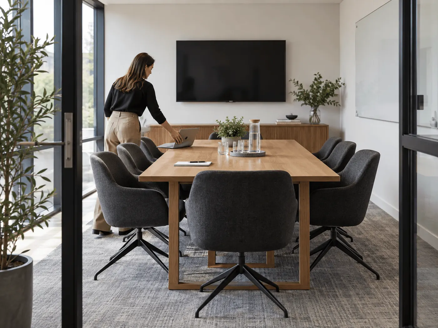 Meeting room with an oak table, grey chairs, a wall screen and glass doors