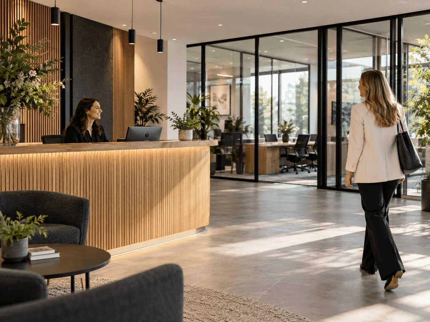 Reception desk with a receptionist and a visitor walking past glazed offices