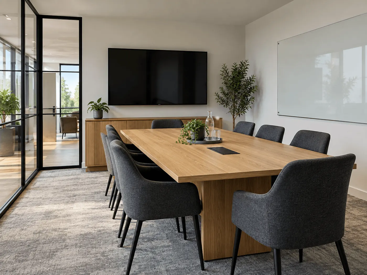 Meeting room with a long oak table, a wall screen and a whiteboard wall